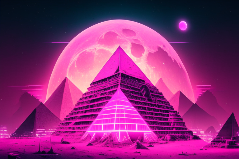 a pink neon pyramid city with a massive pyramid in the center and a full moon in the background