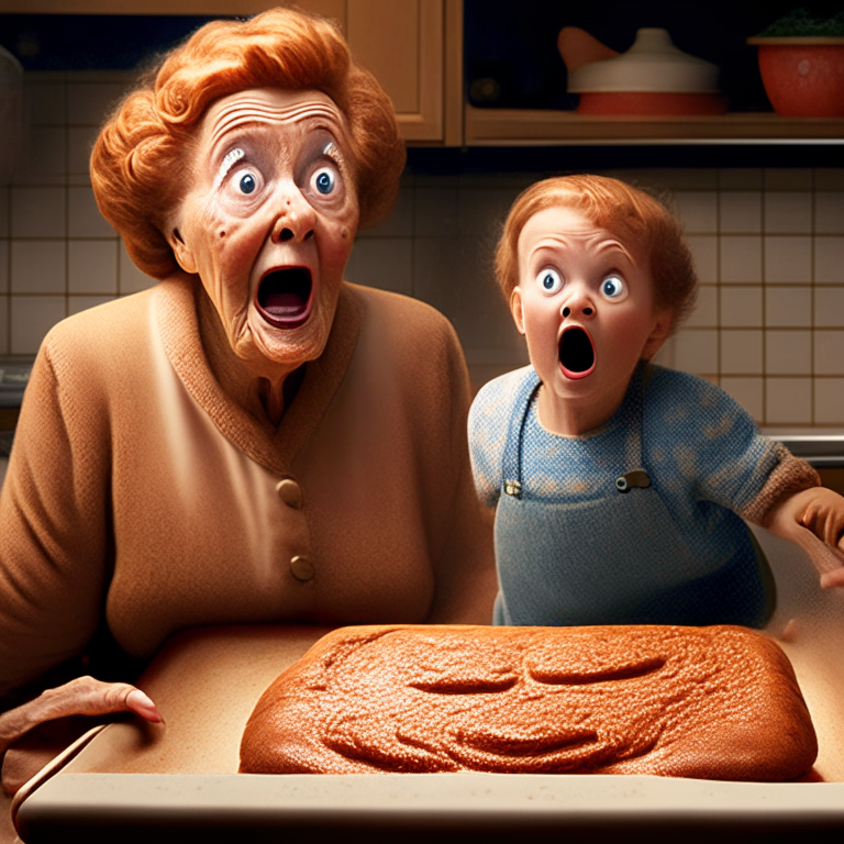 a gingerbread man coming to life on a baking pan, with a surprised and mystified grandma looking on