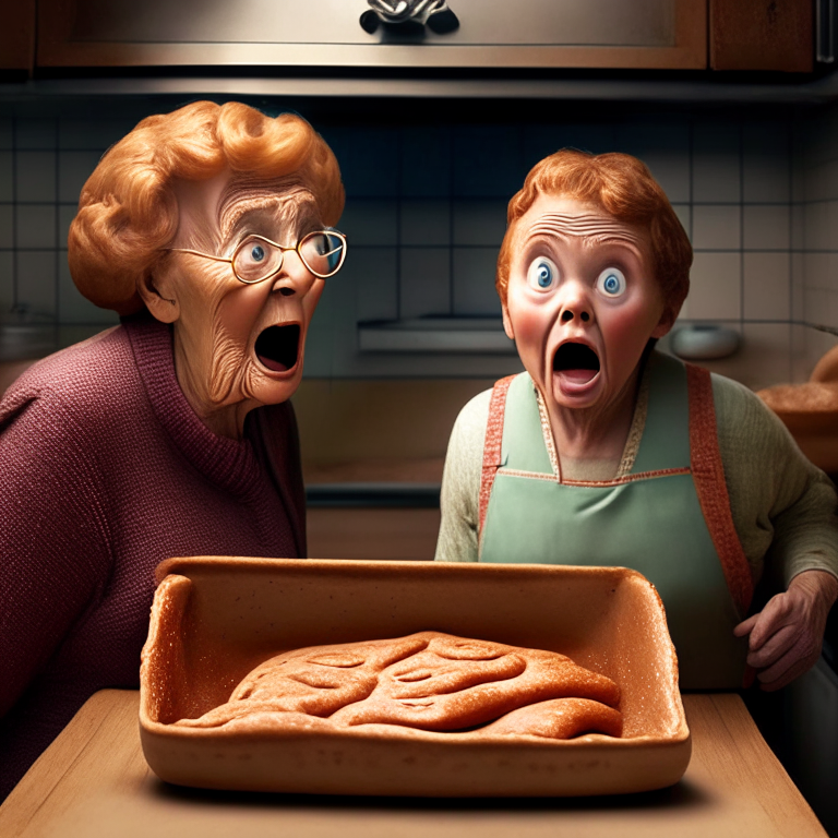 a gingerbread man coming to life on a baking pan, with a surprised and mystified grandma looking on
