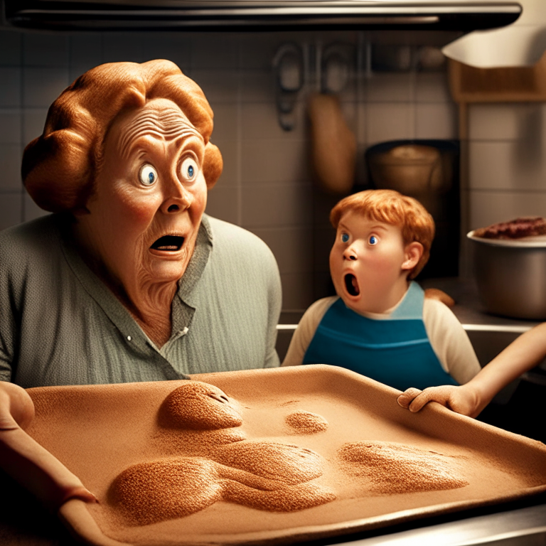 a gingerbread man cookie coming to life on a baking pan in a man shape figure, with a surprised and mystified grandma looking on