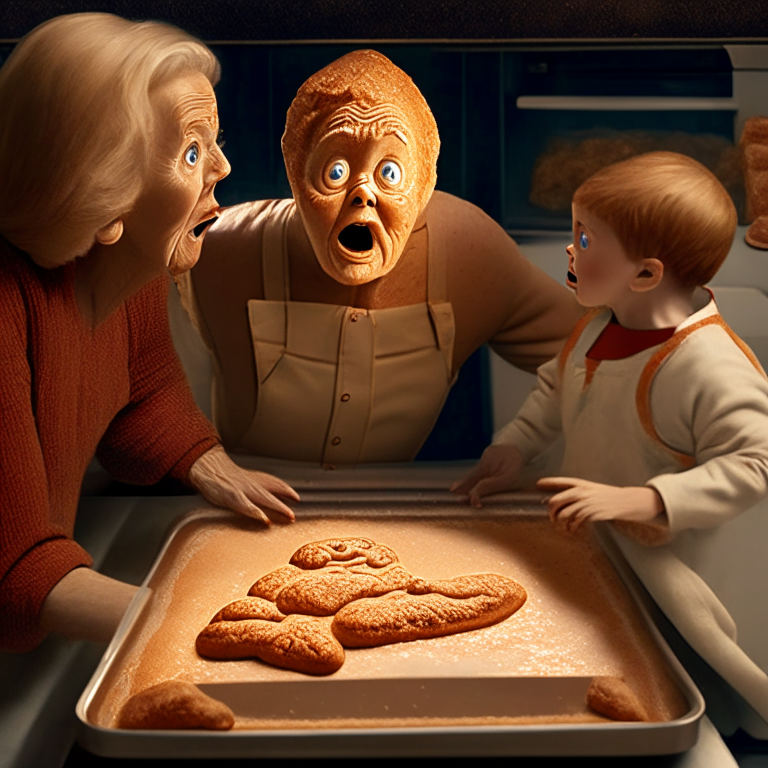 a gingerbread man cookie coming to life on a baking pan in a man shape figure, with a surprised and mystified grandma and a child looking down at the pan