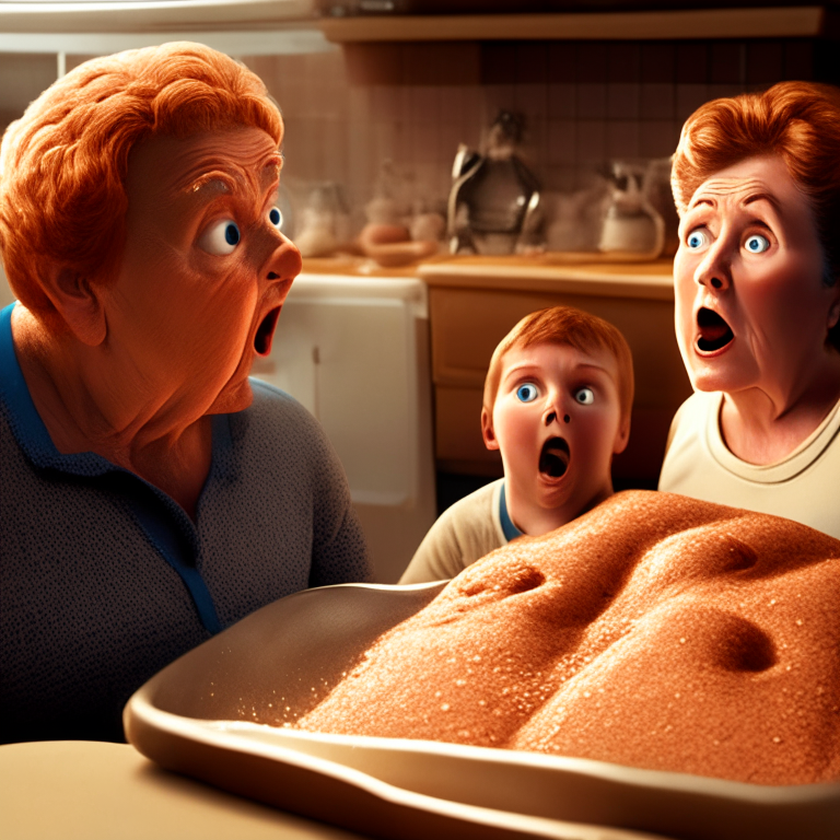 a gingerbread man cookie coming to life on a baking pan in a man shape figure, with a surprised and mystified grandma and a child looking down at the pan