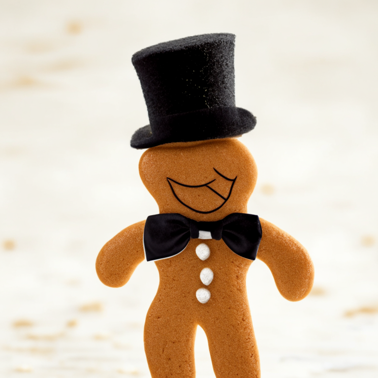 a gingerbread man cookie with a top hat and cane