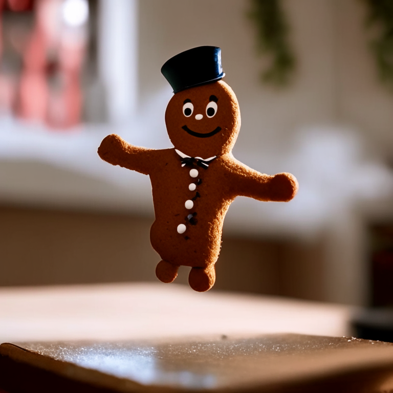 a gingerbread man cookie jumping off a kitchen table