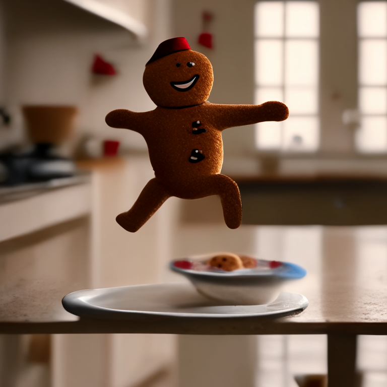 a gingerbread man cookie jumping over dishes and cups on a kitchen table
