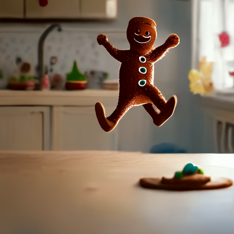 a gingerbread man cookie jumping over lots of dishes on a kitchen table