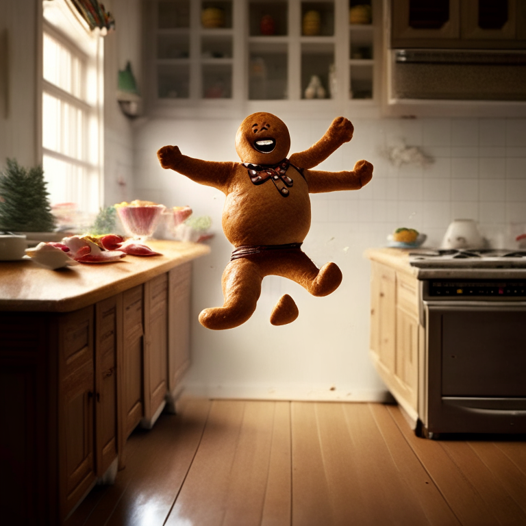 a gingerbread man jumping off a kitchen table