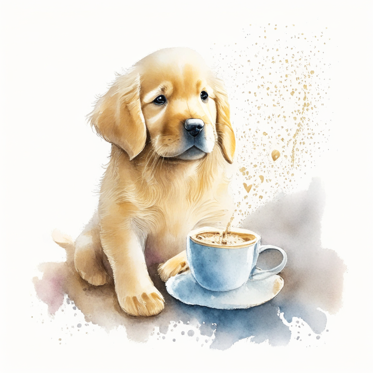 a Golden Retriever puppy drinking a latte with heart-shaped art, painted in watercolor style