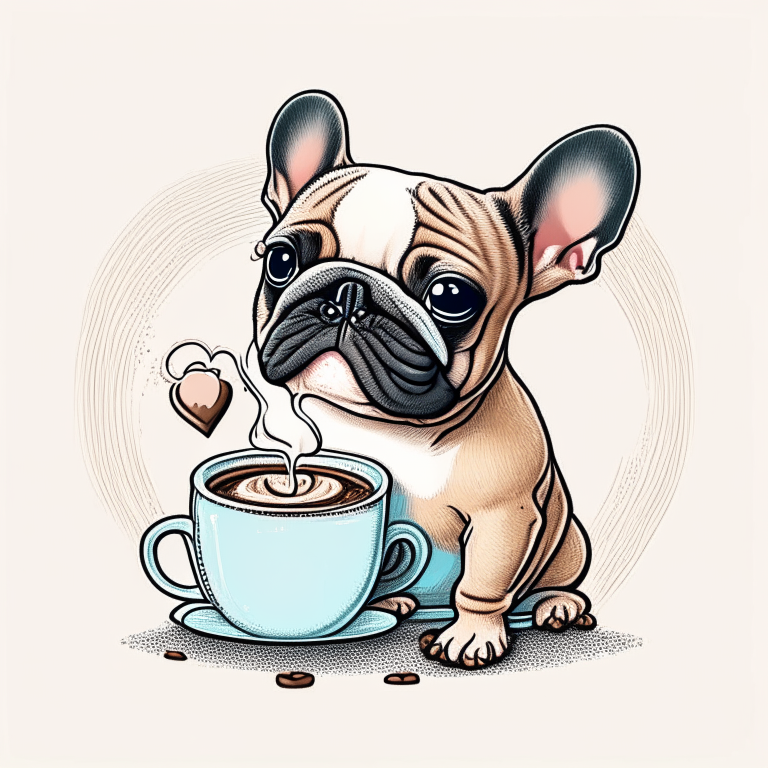 a French Bulldog puppy drinking a latte with heart-shaped art, drawn in a cartoon style