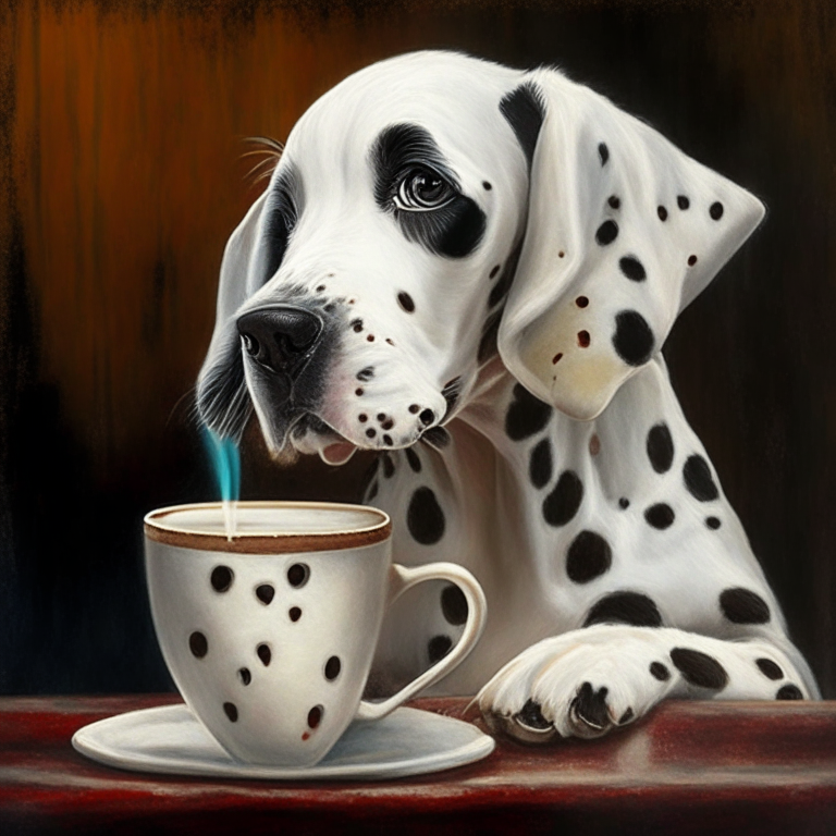 a Dalmatian puppy drinking a latte with heart-shaped art, painted in an oil painting style