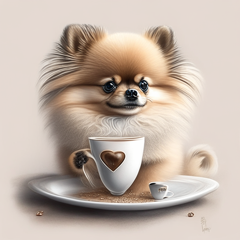 a Pomeranian puppy drinking a latte with heart-shaped art, drawn in a realistic style