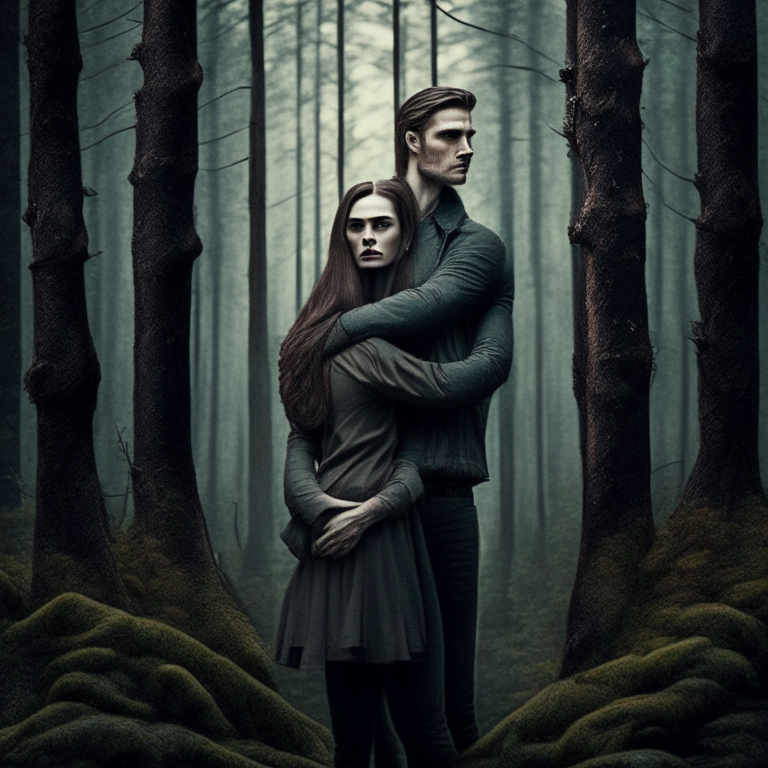 a man and a woman standing in a forest, with the man's arm around her