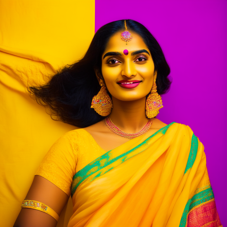 a woman in a yellow saree, posing in front of a colorful background