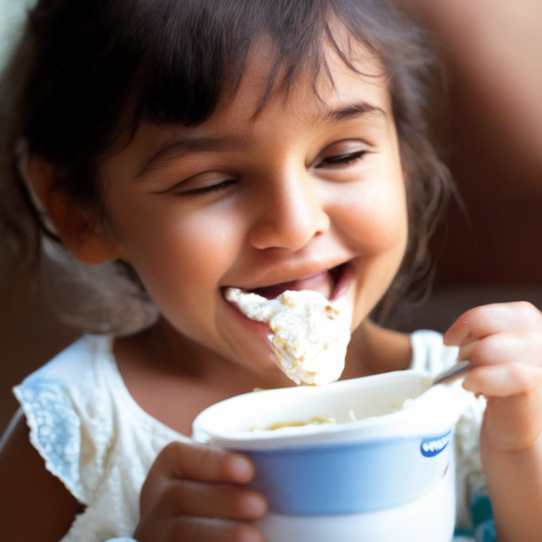 a girl eating curd with a spoon, enjoying every bite