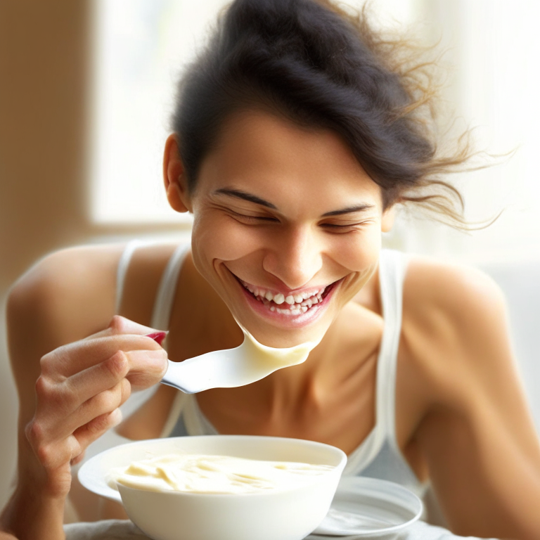 a beautiful woman eating curd with a spoon, enjoying every bite