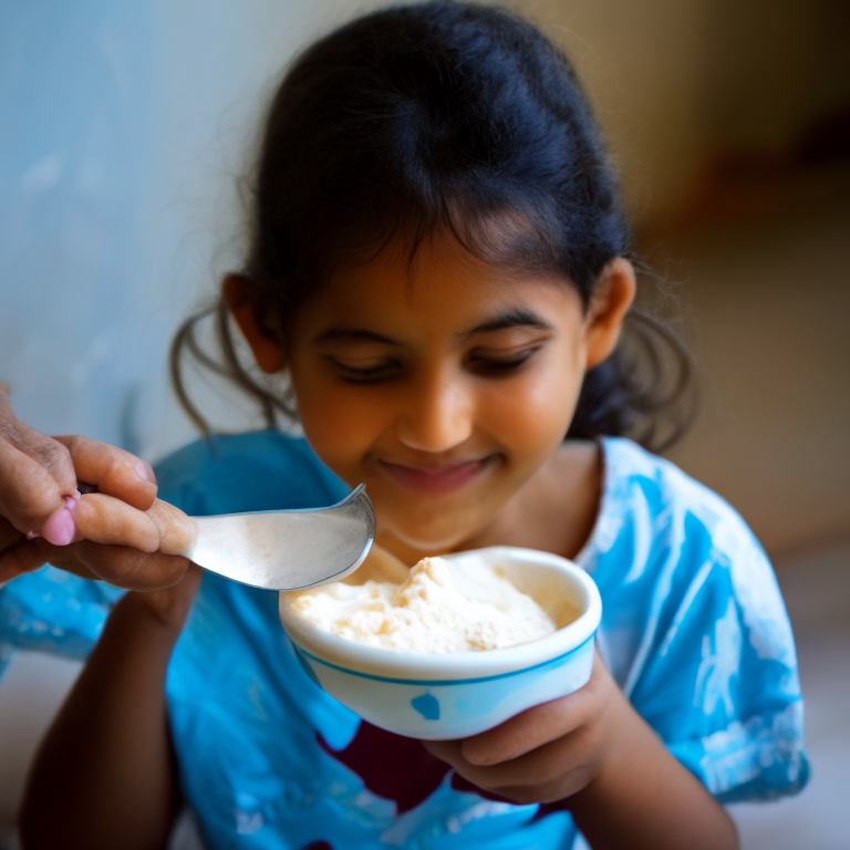 a girl eating curd with a spoon, enjoying every bite