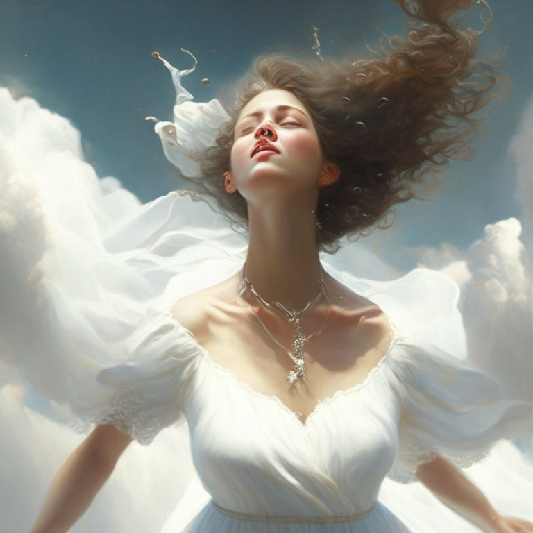 a woman in a white dress wearing a necklace and earrings flying in the sky