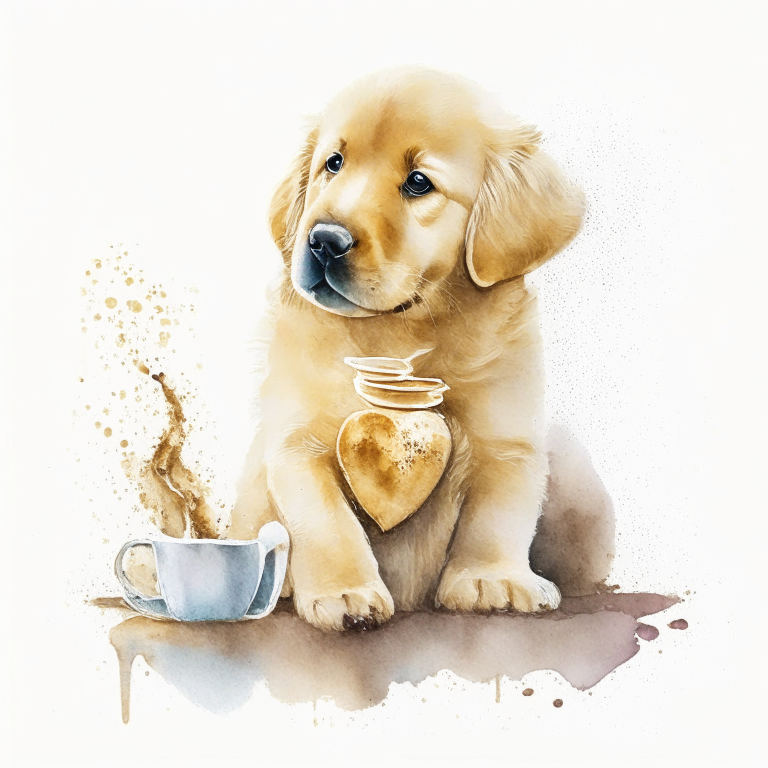 a Golden Retriever puppy drinking a latte with heart-shaped art, painted in watercolor style