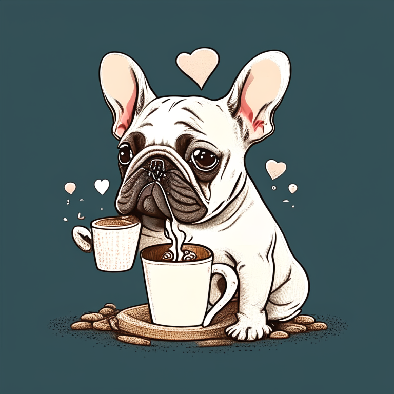 a French Bulldog puppy drinking a latte with heart-shaped art, drawn in a cartoon style