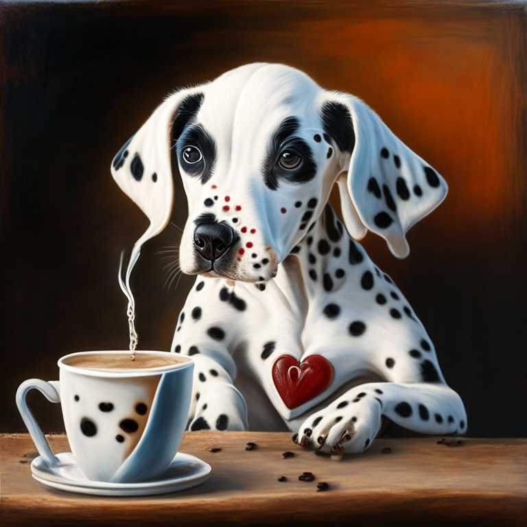 a Dalmatian puppy drinking a latte with heart-shaped art, painted in oil style