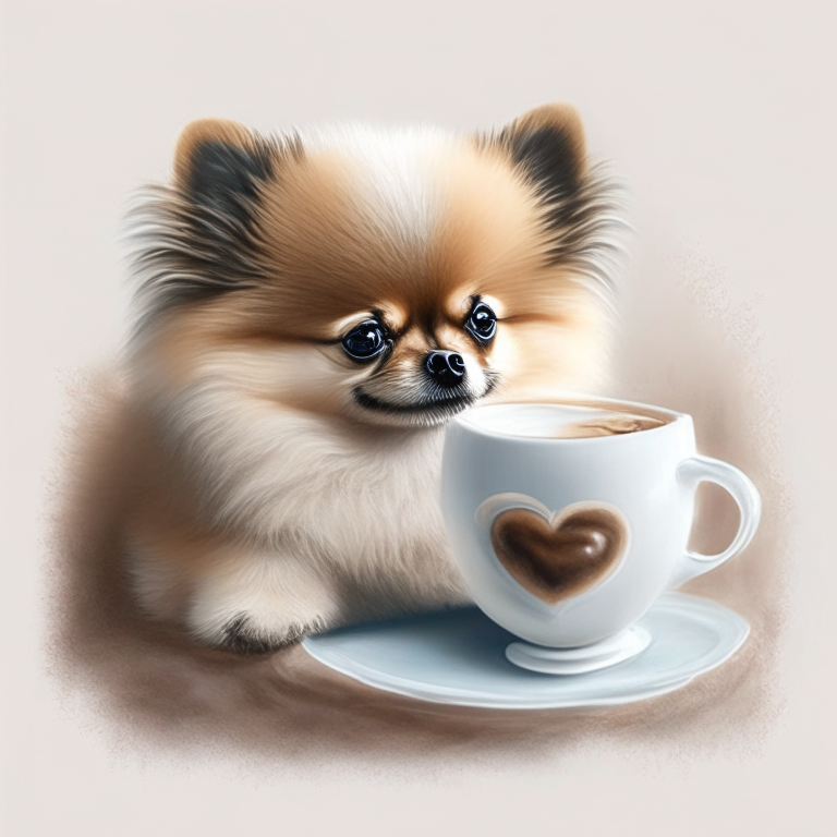 a Pomeranian puppy drinking a latte with heart-shaped art, painted in acrylic style