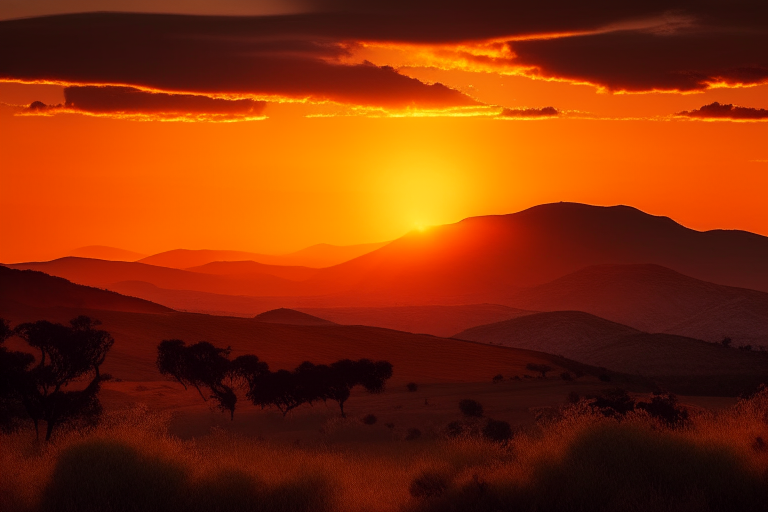 a beautiful sunset over the Indian hills, with the sun casting a warm orange glow over the landscape