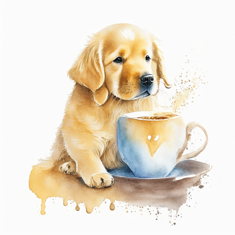 a Golden Retriever puppy drinking a latte with heart-shaped art, painted in watercolor style