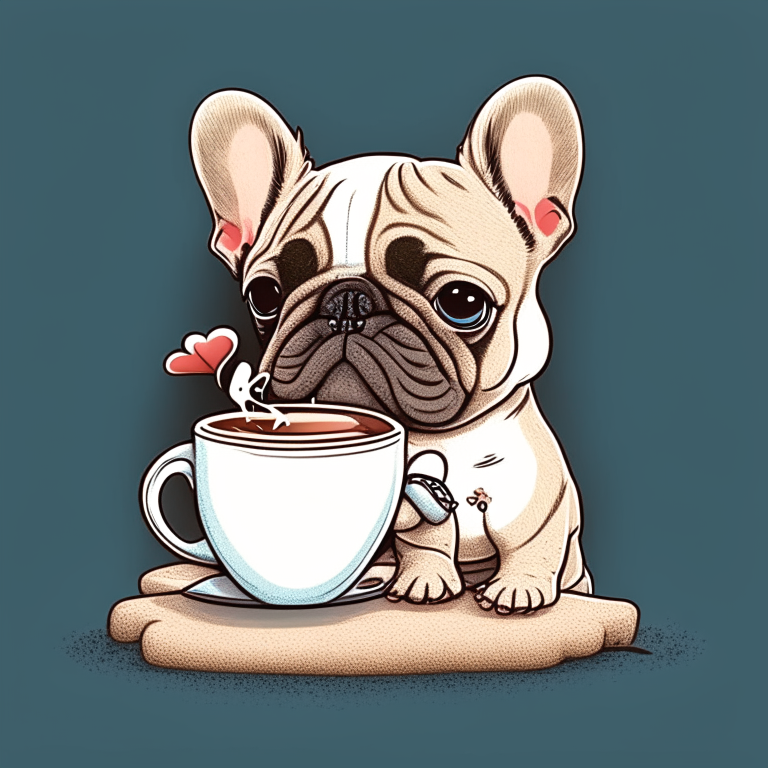 a French Bulldog puppy drinking a latte with heart-shaped art, drawn in a cartoon style