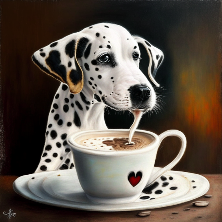 a Dalmatian puppy drinking a latte with heart-shaped art, painted in oil style