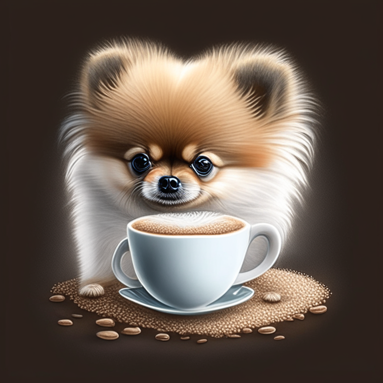 a Pomeranian puppy drinking a latte with heart-shaped art, drawn in a realistic style