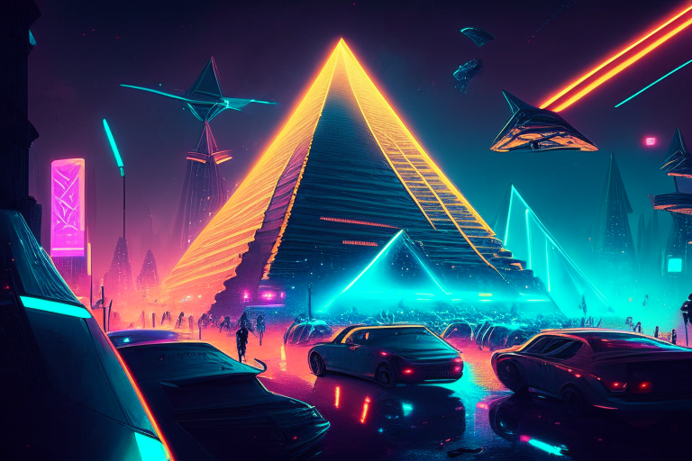 a neon futuristic pyramid city at night, with flying cars and a bustling crowd