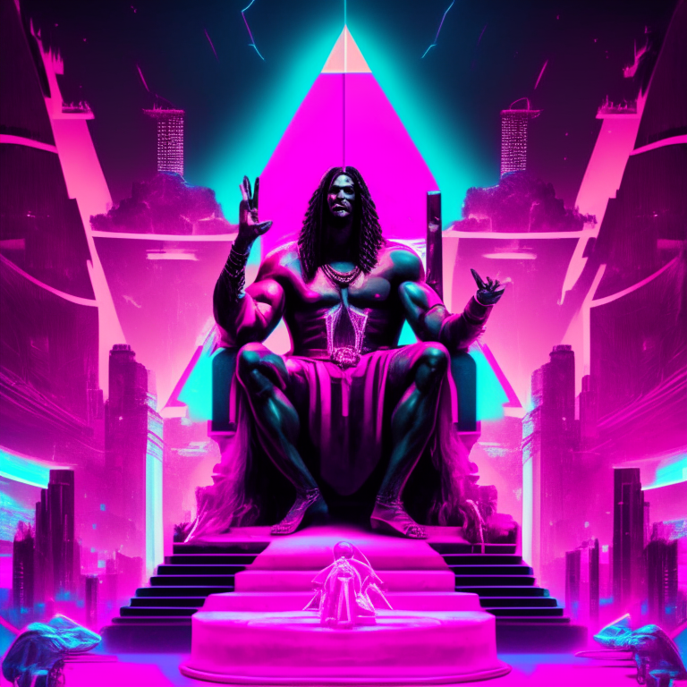 a muscular black Jesus with a pink robe sitting on a throne in the middle of a neon futuristic pyramid city