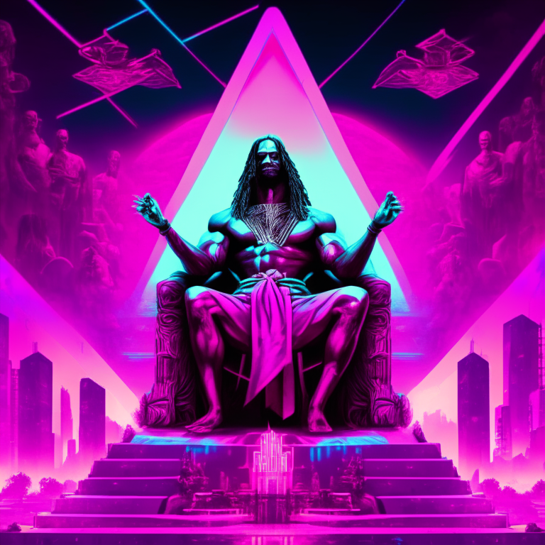 a muscular black Jesus with a pink robe sitting on a throne in the middle of a neon futuristic pyramid city, with a detailed face