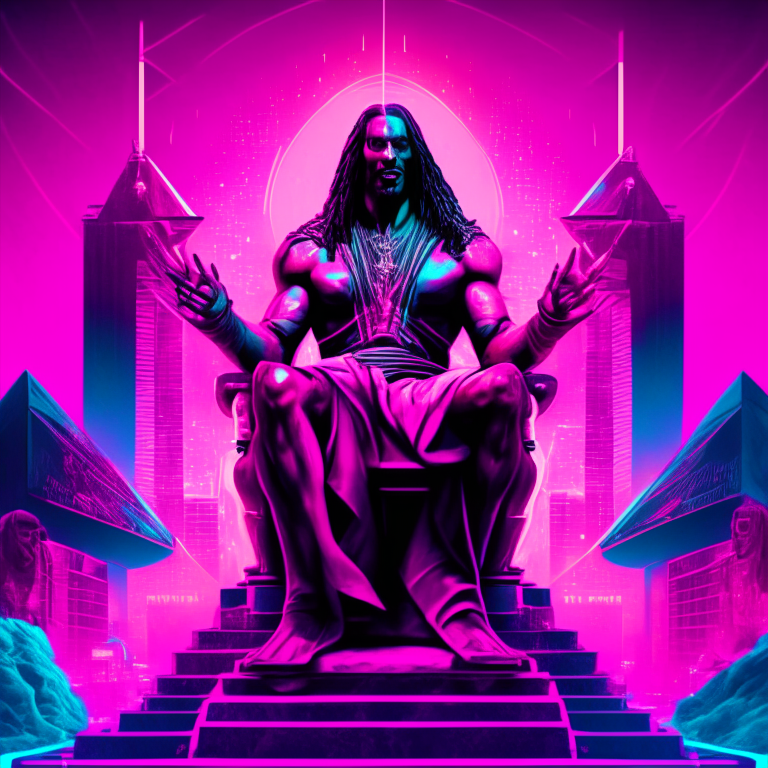 a muscular black Jesus with a pink robe sitting on a throne in the middle of a neon futuristic pyramid city, with a fully detailed face