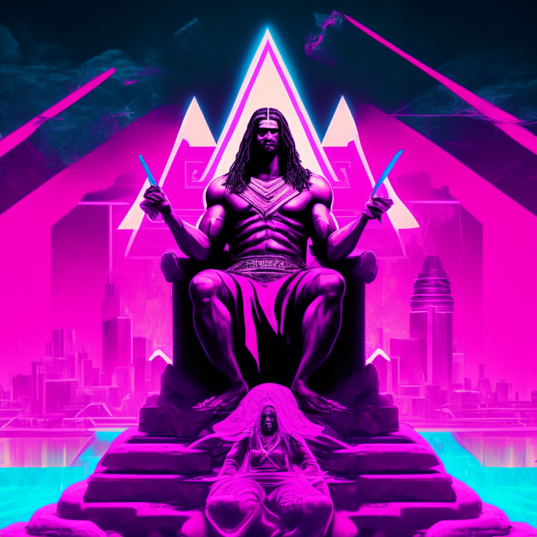 a muscular black Jesus with a pink robe sitting on a throne in the middle of a neon futuristic pyramid city, with a realistic face