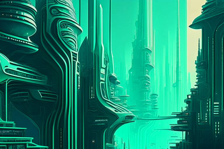 a futuristic city full of electronic circuits, in the style of art deco sensibilities, animated gifs, light sky-blue and dark green, whiplash lines, otherworldly paintings, detailed depiction, intricate imagery