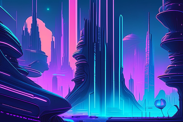 a futuristic city with a neon glow, in the style of art deco sensibilities, animated gifs, light sky-blue and dark purple, whiplash lines, otherworldly paintings, detailed depiction, intricate imagery