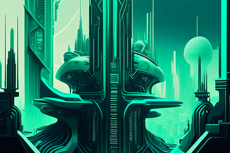 a futuristic metropolis with a circuit board aesthetic, in the style of art deco sensibilities, animated gifs, light sky-blue and dark green, whiplash lines, otherworldly paintings, detailed depiction, intricate imagery