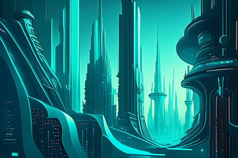 a futuristic city with a holographic skyline, in the style of art deco sensibilities, animated gifs, light sky-blue and dark teal, whiplash lines, otherworldly paintings, detailed depiction, intricate imagery