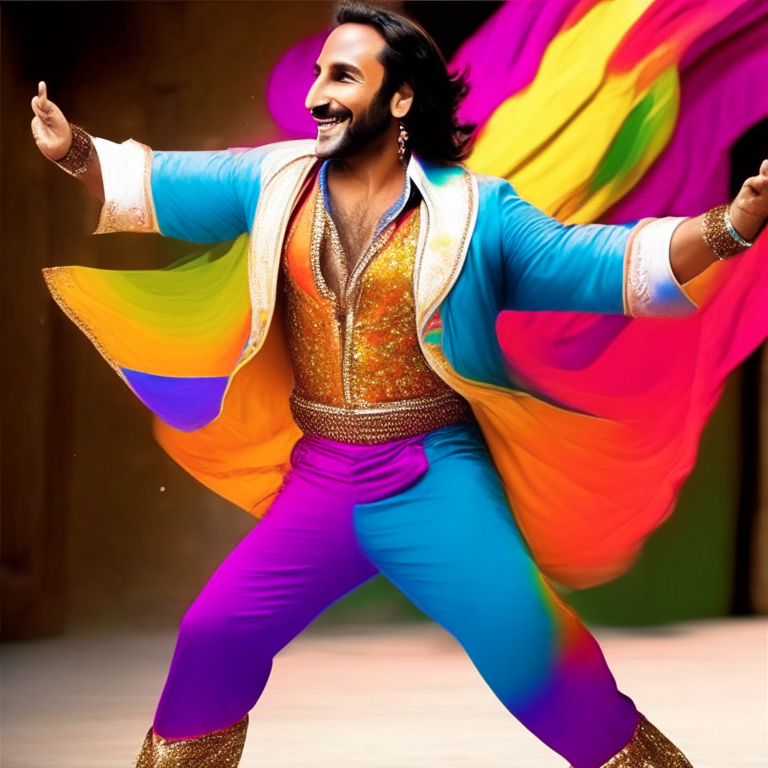 Saif Ali Khan dancing in a colorful Bollywood outfit