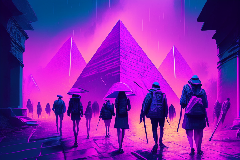 the Pink Umbrella Institute, a group of people walking through a city of pyramids with neon tops, surrounded by a purple and blue haze