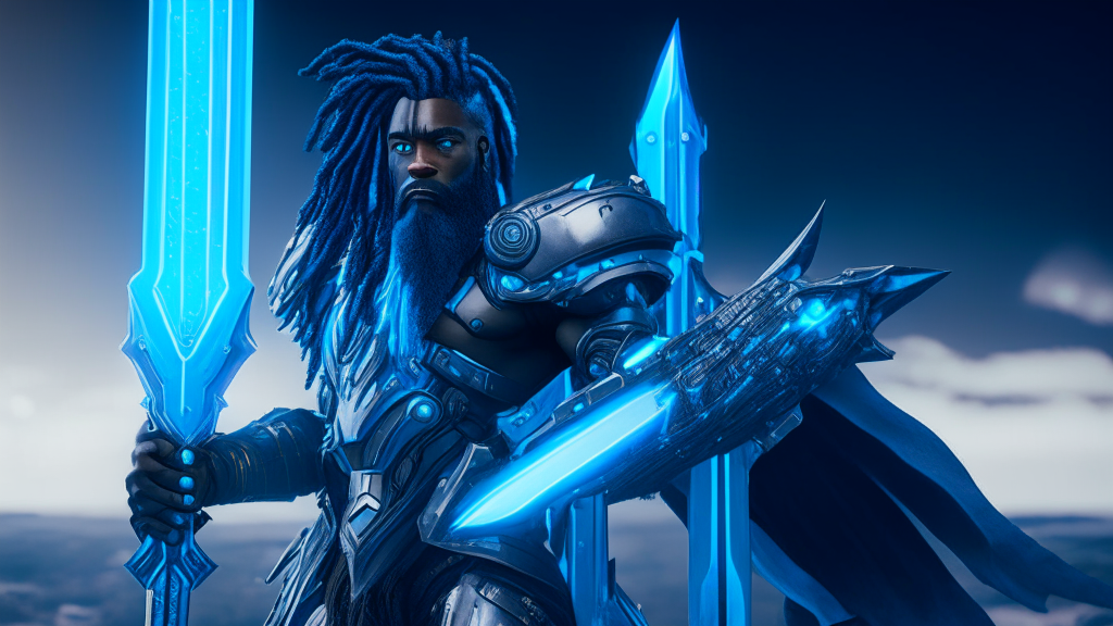 a black man with a long beard, blue hair, and blue neon kinetic cyborg armor, holding a grand futuristic broad sword, standing on a large planet with ultra defined, photorealistic, and photorealism qualities, rendered in Unreal Engine 5 with ultra detailed, HDR, and HR settings