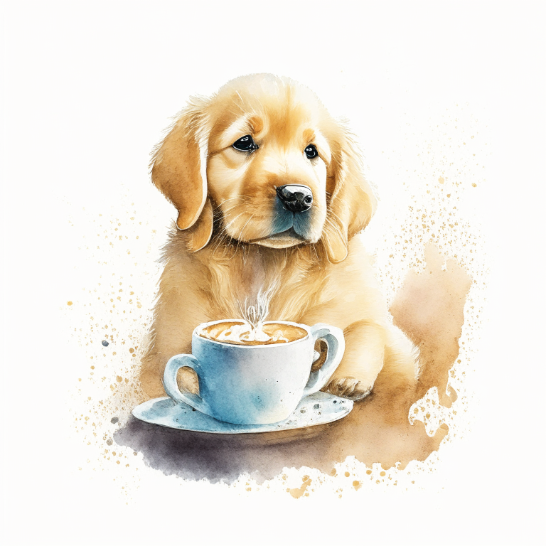 a Golden Retriever puppy drinking a latte with heart-shaped art, painted in watercolor style