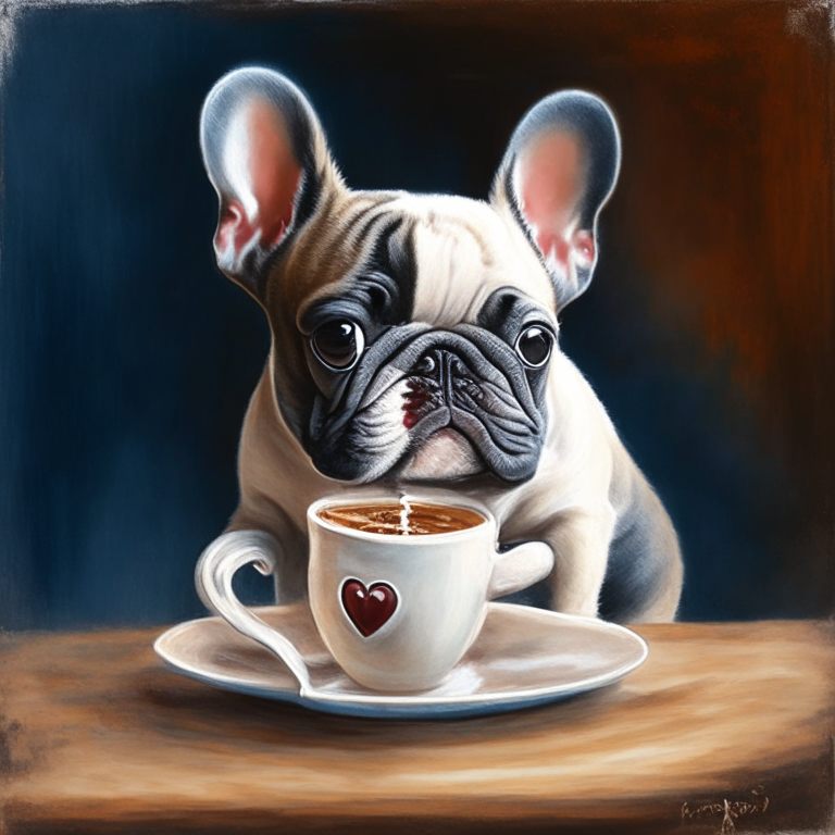 a French Bulldog puppy drinking a latte with heart-shaped art, painted in oil style