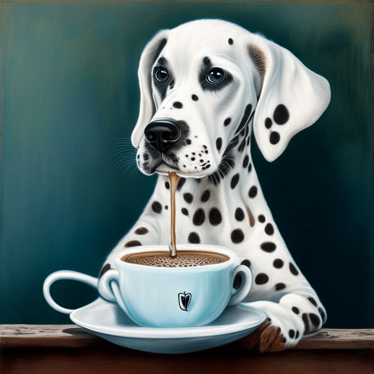 a Dalmatian puppy drinking a latte with heart-shaped art, painted in acrylic style