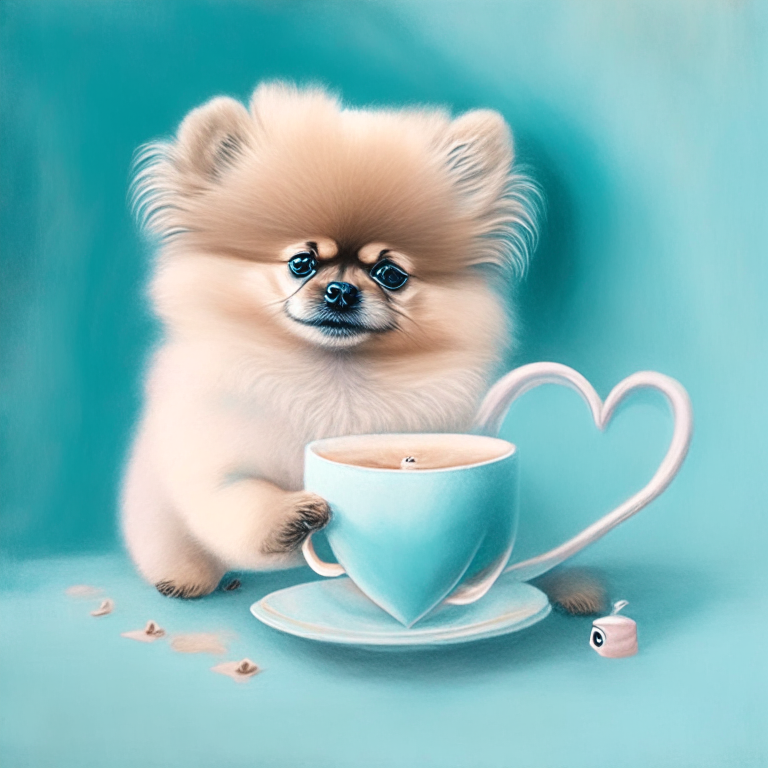 a Pomeranian puppy drinking a latte with heart-shaped art, painted in pastel style