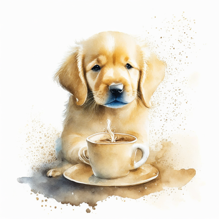 a Golden Retriever puppy drinking a latte with heart-shaped art, painted in watercolor style