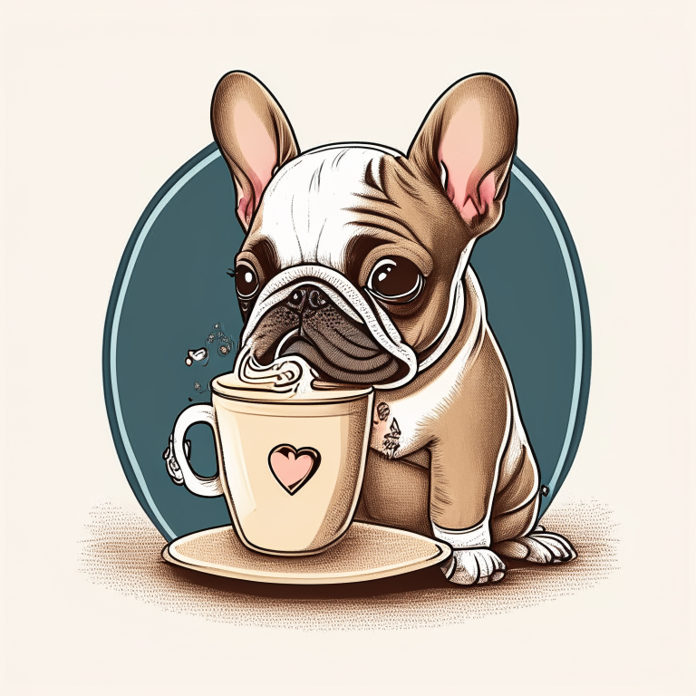 a French Bulldog puppy drinking a latte with heart-shaped art, drawn in a cartoon style