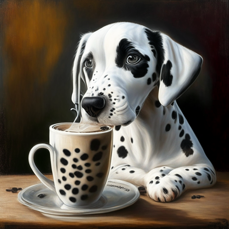 a Dalmatian puppy drinking a latte with heart-shaped art, painted in oil style