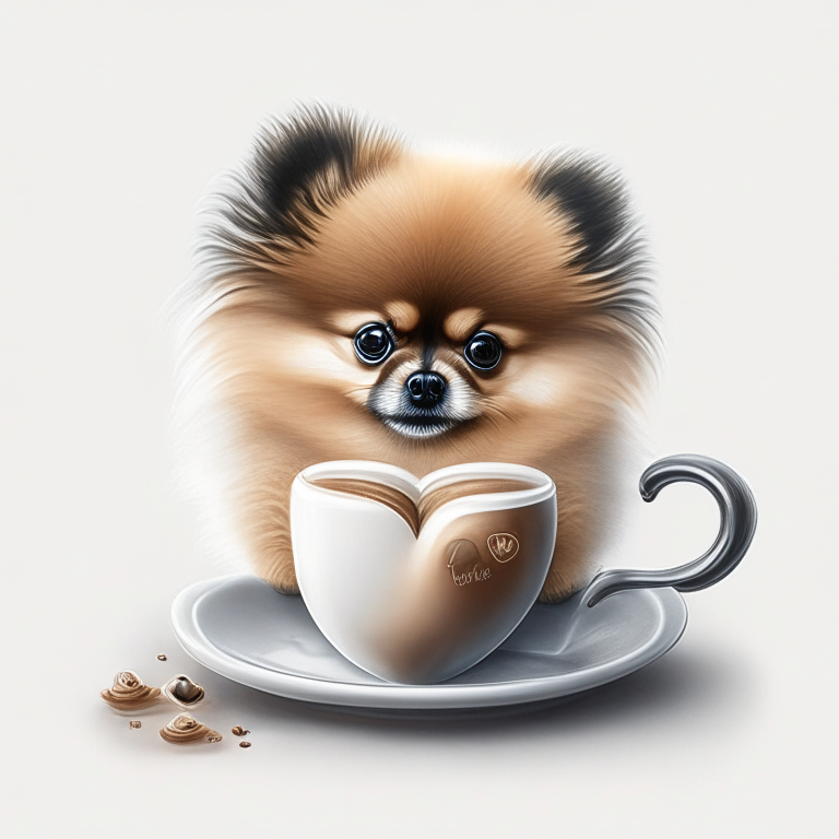 a Pomeranian puppy drinking a latte with heart-shaped art, drawn in a realistic style